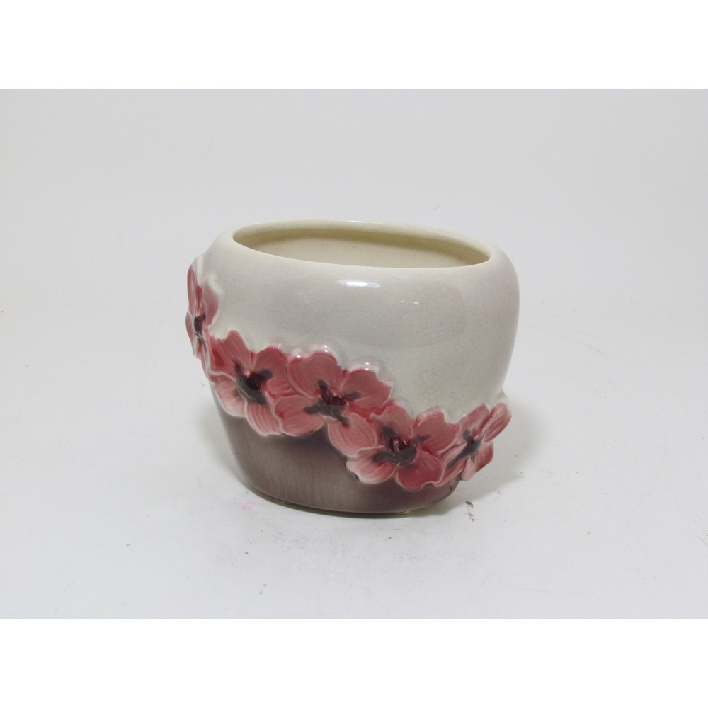 Vintage Ceramic Pink Floral Relief Planter Mauve Two-Tone Glazed Pot 6.5"